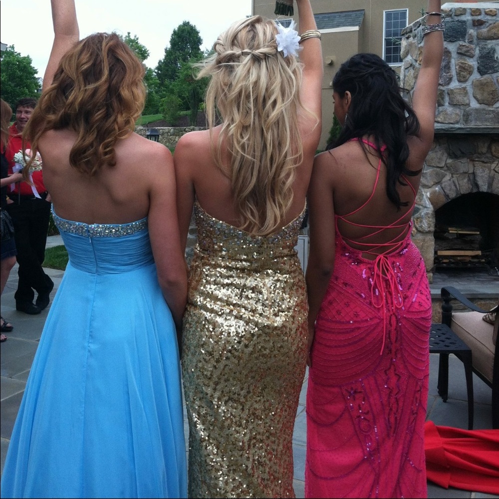 Gold evening gown with faux diamond accents